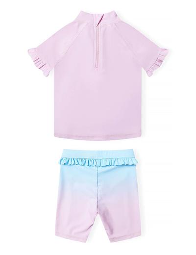Różowy strój kąpielowy z filtrem UV- koszulka i szorty z falbanką