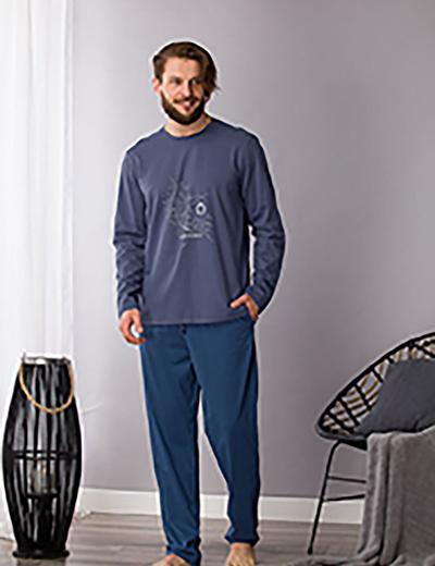 Bawełniana piżama męska z długim rękawem - niebieska