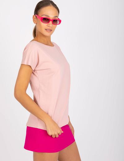 Różowy t-shirt damski z dekoltem na plecach