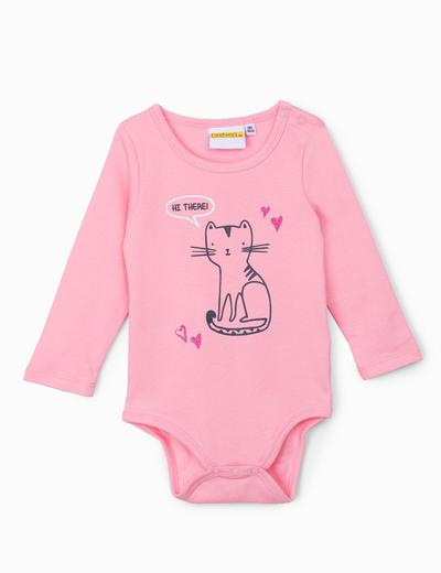 Body bawełnianie niemowlęce z kotkiem - różowe