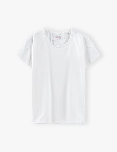 T-shirt dziewczęcy  - biały z ażurową górą i rękawkami
