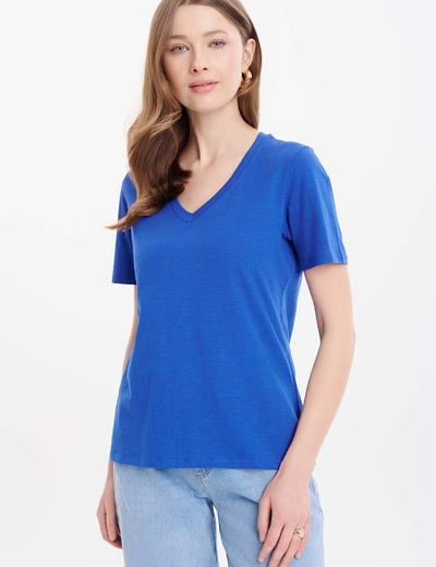 Damska koszulka basic niebieska z dekoltem w serek