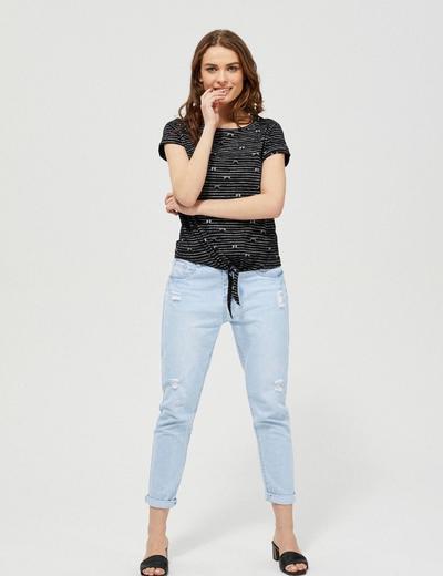 Bawełniany czarny t-shirt  damski na krótki rękaw z ozdobnym wiązaniem