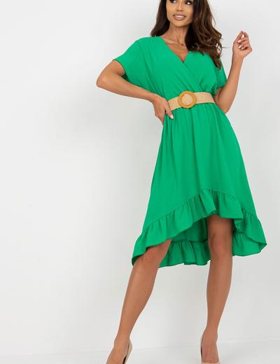 Zielona sukienka z falbaną i plecionym paskiem