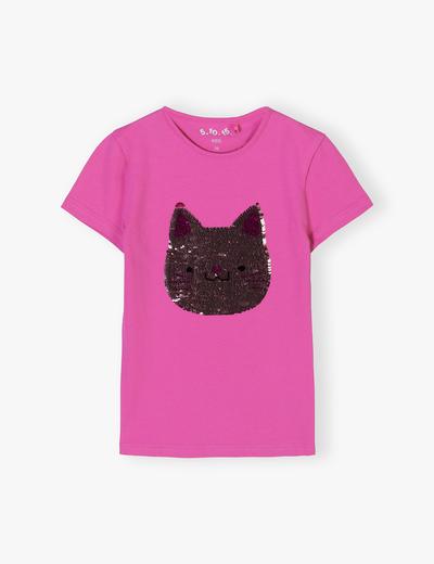 T-shirt dziewczęcy z kotkiem z cekinów - magenta