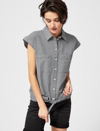 Koszula damska rozpinana z ozdobnym wiązaniem w czarno-białą kratkę