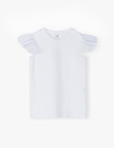 Biały t-shirt z tiulowymi falbankami przy rękawkach