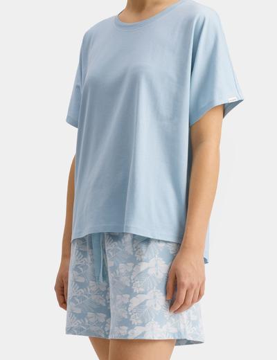 Piżama damska bawełniana - t-shirt i krótkie spodenki w kwiatki - niebieska - Atlantic
