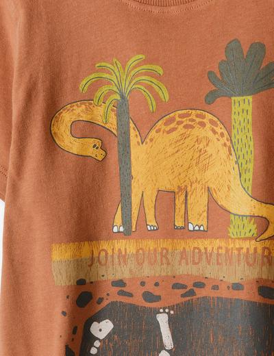 Brązowy t-shirt dla chłopca bawełniany z nadrukiem dinozaura