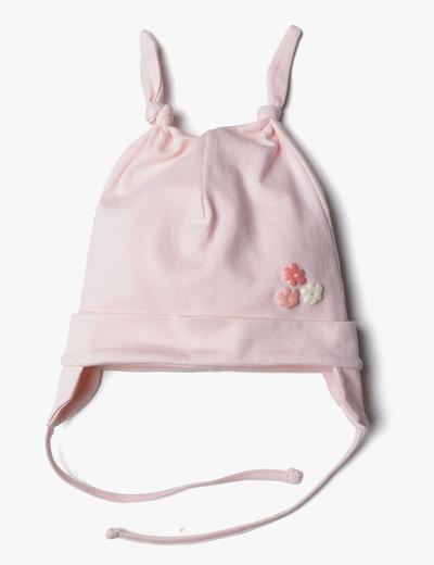 Czapka niemowlęca wiązana dla dziewczynki - różowa