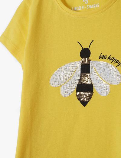 Bawełniany T- shirt dziewczęcy z cekinową pszczółą - żółty