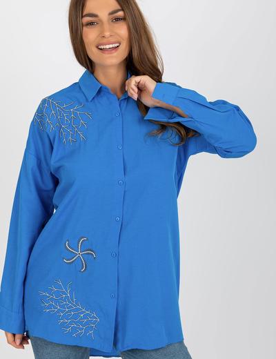 Ciemnoniebieska rozpinana koszula oversize z haftem