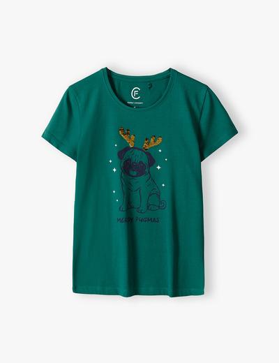 T-shirt damski z napisem "Merry Pugmas " zielony