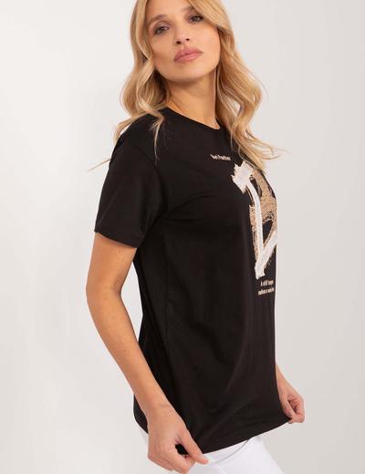 Czarny damski t-shirt z aplikacją i napisami