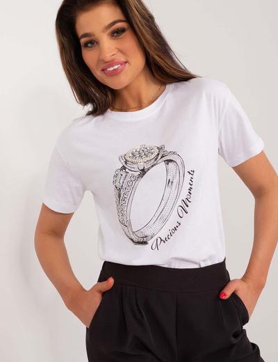 Bawełniany biały t-shirt damski z aplikacjami i nadrukiem