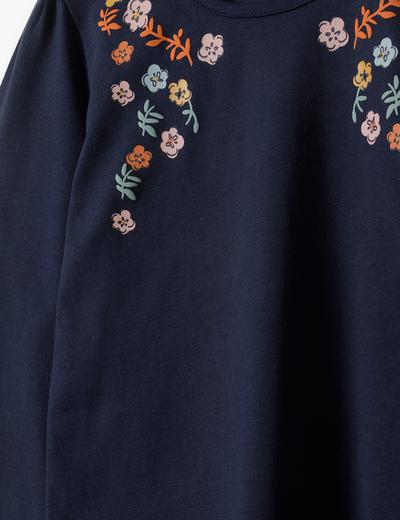 Granatowa bluzka dla dziewczynki z kwiatuszkami przy dekolcie