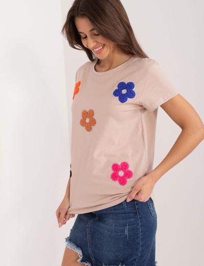 T-Shirt z aplikacją w kwiaty ciemno beżowy