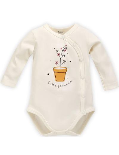 Bawełniane body niemowlęce rozpinane z długim rękawem z kwiatkiem - ecru