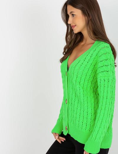 Fluo zielony ażurowy sweter rozpinany w warkocze RUE PARIS
