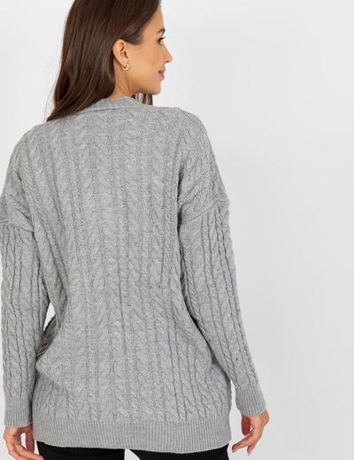 Szary sweter rozpinany z warkoczami RUE PARIS