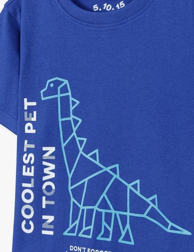 Bawełniany t-shirt chłopięcy z dinozaurem - niebieski