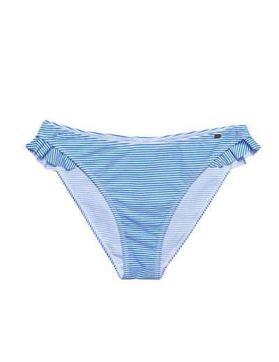 Niebieski dół od bikini w prążki z ozdobnymi falbankami po bokach