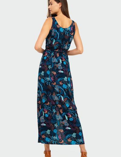 Granatowa długa wiskozowa sukienka z roślinnym nadrukiem