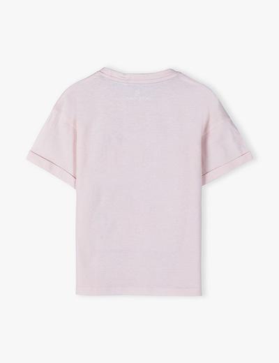 Bawełniany t-shirt dziewczęcy różowy z kolorowym nadrukiem