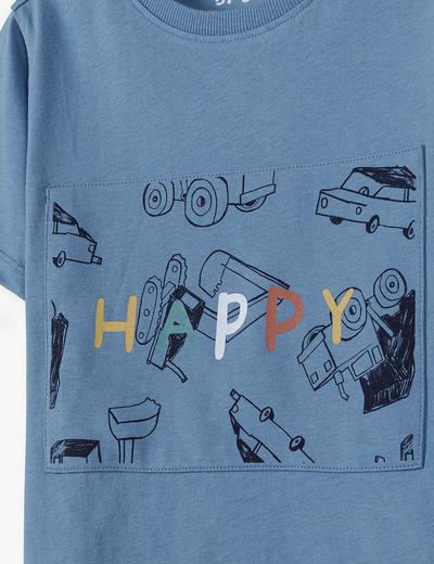 Bawełniany t-shirt chłopięcy z materiałową aplikacją HAPPY