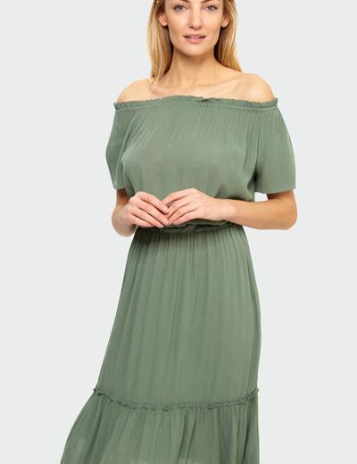 Wiskozowa sukienka z dekoltem typu hiszpanka krótki rękaw zielona