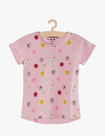 Różowy t-shirt dla dziewczynki z kolorowymi nadrukami