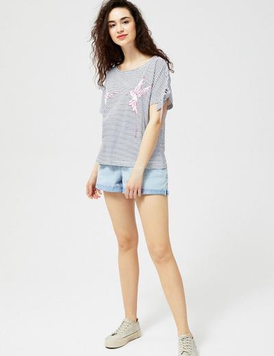 T-shirt damski bawełniany z wiązaniami na rękawach- paski
