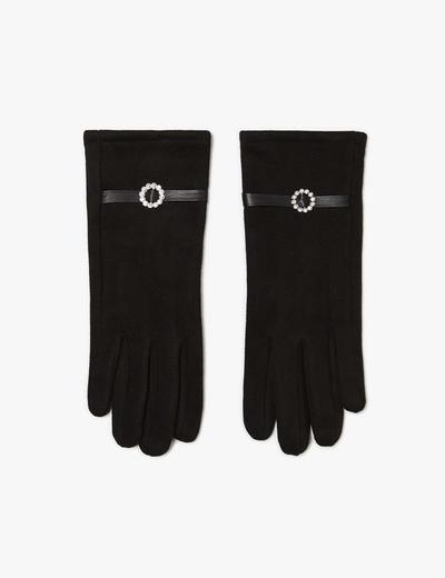 Czarne zamszowe rękawiczki damskie z ozdobnym paskiem