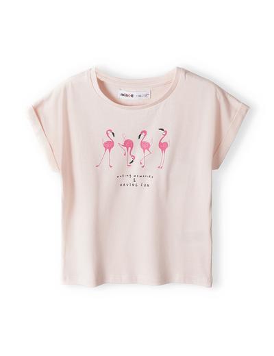 Różowa koszulka bawełniana niemowlęca z nadrukiem flamingów