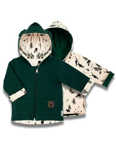 Bawełniana kurtka niemowlęca chłopięca dwustronna zielona/beżowa z motywem leśnym