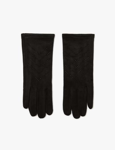 Czarne rękawiczki damskie zamszowe z dżetami