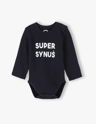 Bawełniane body niemowlęce czarne z napisem- Super Synuś