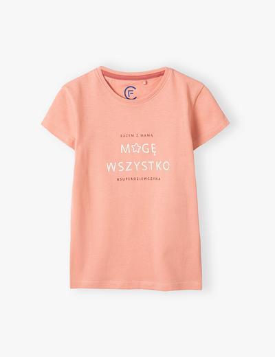 T-shirt bawełniany dla dziewczynki z napisem "Mogę Wszystko" - różowy
