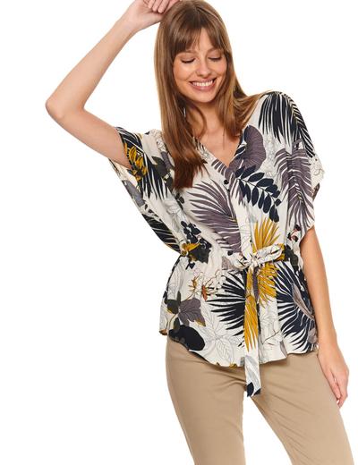 Wielokolorowa bluzka damska z egzotycznym nadrukiem  i z wiązaniem w pasie