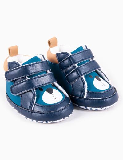 Niebieskie buciki przejściowe niemowlęce na rzep- miś