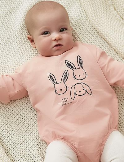 Różowe body dresowe niemowlęce z długim rękawem z króliczkami