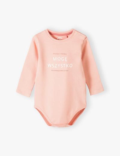 Bawełniane body niemowlęce różowe z długim rękawem z napisem Mogę Wszystko - różowe