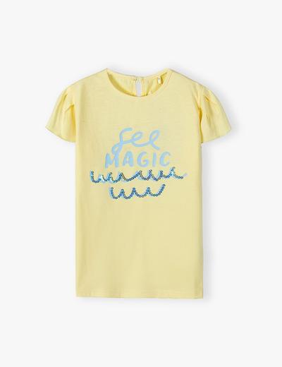 Dzianinowy T-shirt z miękkim nadrukiem dla dziewczynki żółty
