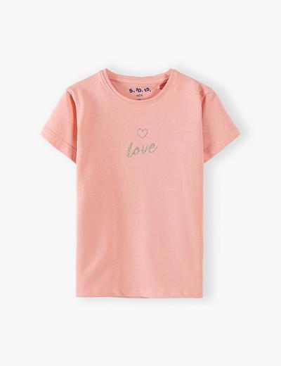 Bawełniany różowy t-shirt dziewczęcy z połyskującym nadrukiem