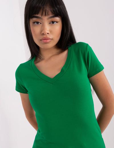 Zielony t-shirt basic z dekoltem w serek
