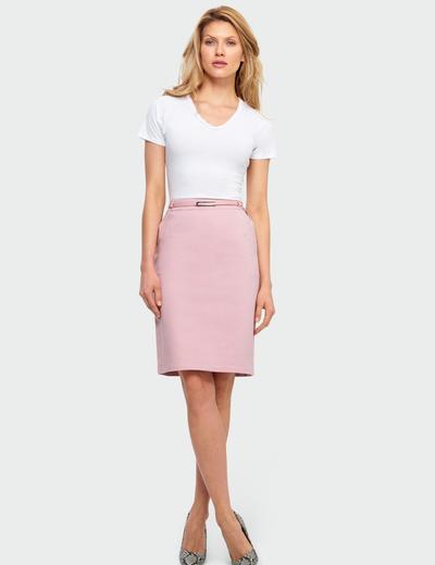 Różowa ołówkowa spódnica z kieszeniami i ozdobnym paskiem