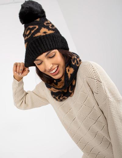 Czarno-camelowa damska czapka zimowa z pomponem