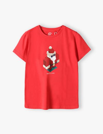 Świąteczny t- shirt męski - czerwony z napisem Santa is here