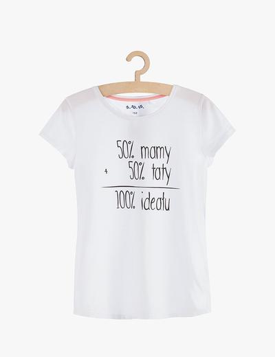 T-shirt dziewczęcy z polskim napisem "50% mamy, 50% taty..."