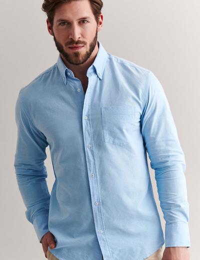 Bawełniana koszula męska z długim rękawem - niebieska